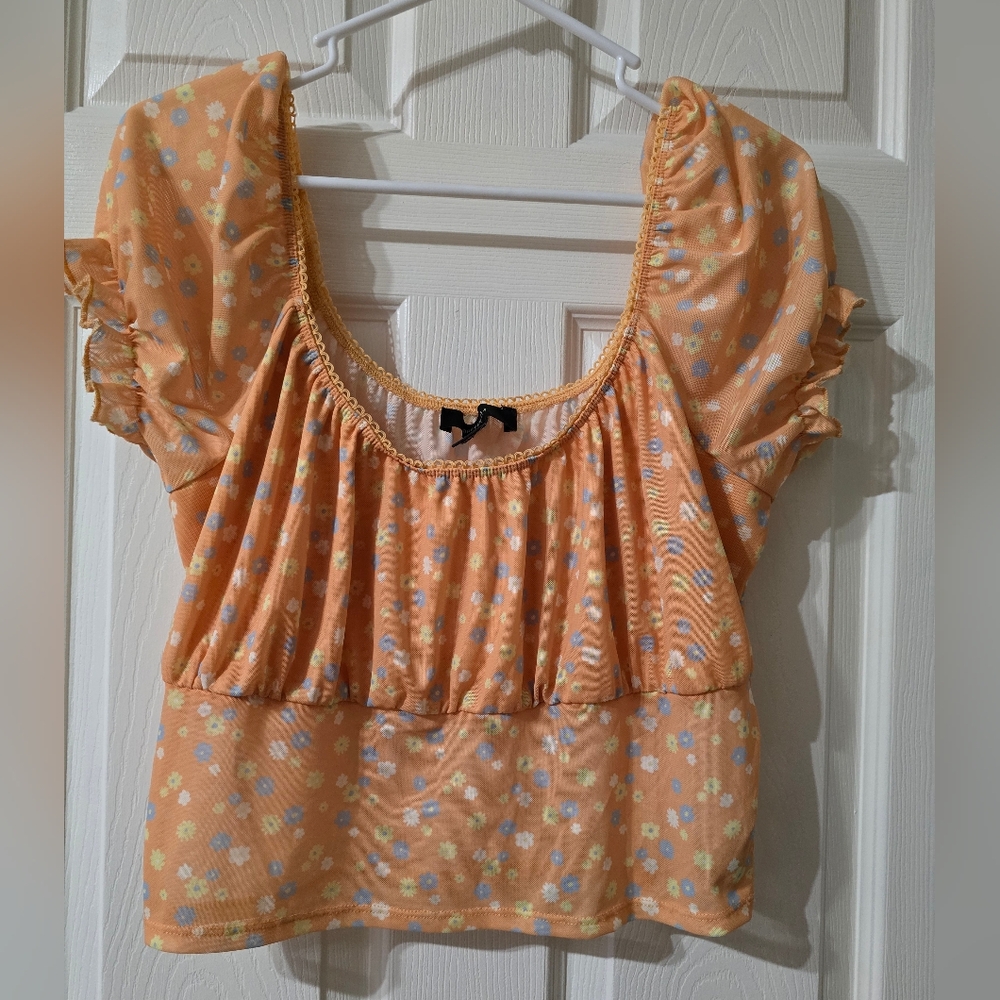Forever 21 Plus Floral Print Puff Sleeve Cropped Micro Mesh Top, Size 0X, EUC!